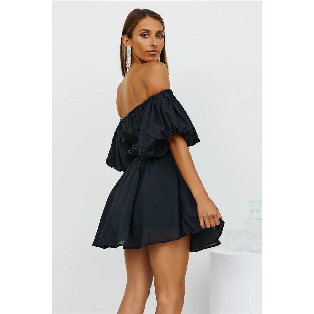 Damen Sommerkleid mit langen Laternenärmeln, schulterfreiem Minikleid, gerüscht, A-Linie, quadratischer Ausschnitt, fließendes Swing-Strandkleid