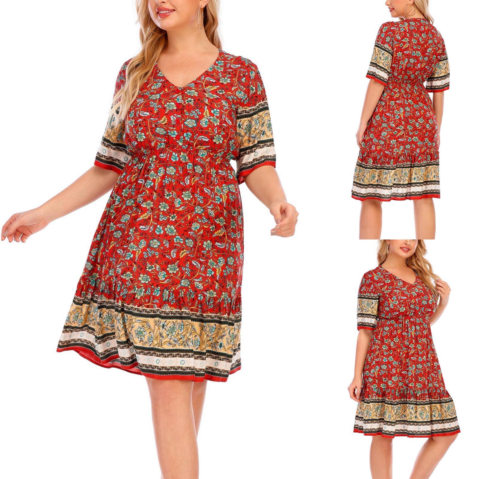 

Женская мода Плюс Размер Свободный Повседневный Короткий Рукав Печатное Платье