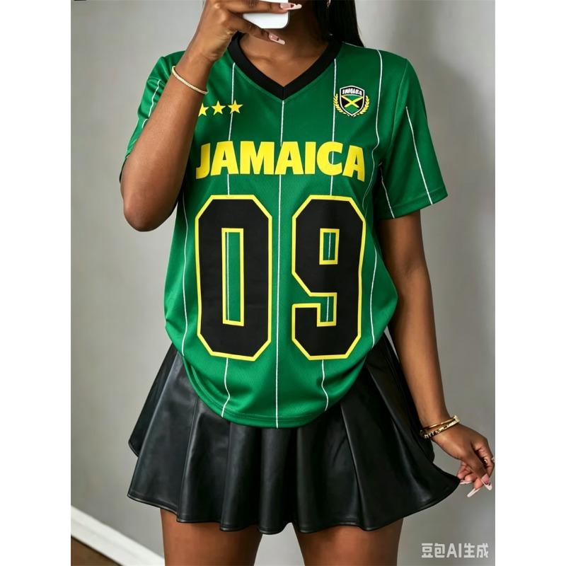 Jamaica Style Soccer Jersey Striped Letter Printed Short Sleeved Fashion Comfortable Streetwear Summer Women T-Shirt Y2k Tops S
