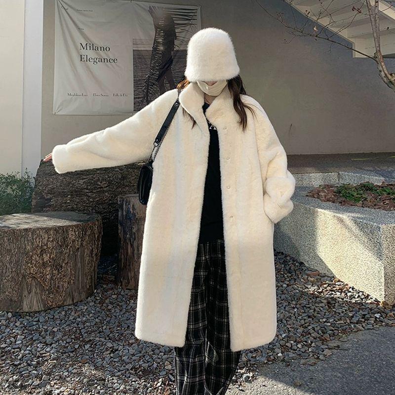 Women Faux Fur Coat Solid Long Fur Coat Fluffy Luxury Loose Casual Stand Up Collar Fur Coat Outerwear Winter