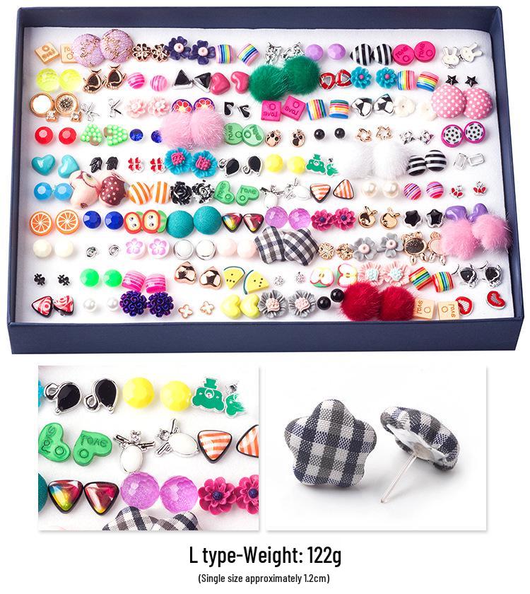 Korean 100-Pair Plastic Boxed Earrings Set - Soft Clay Drip Design, Diamond Glue Needle, Anti-Allergic.