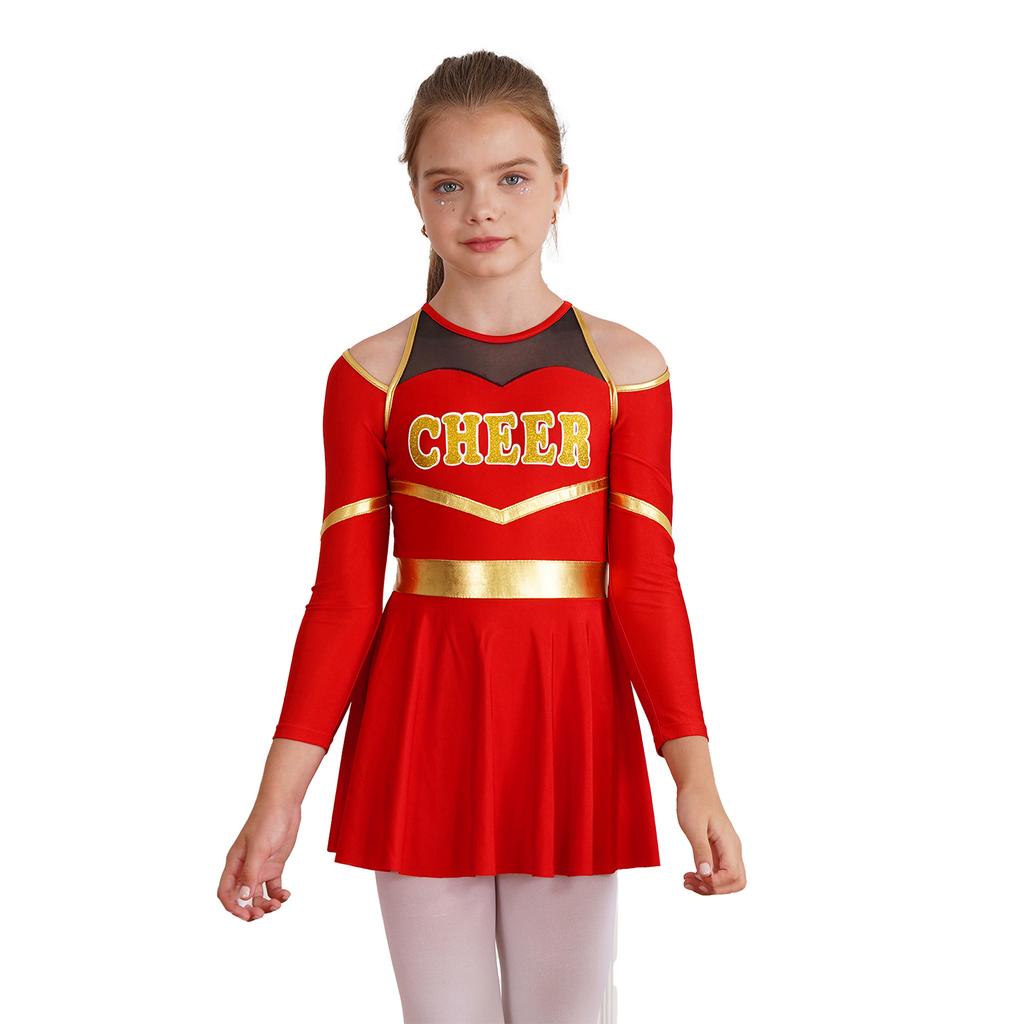 Complete Cheerleading Outfit for Girls: Contrast Color Long Sleeve Leotard Dress Featuring Cold Shoulder & Keyhole Back Detail