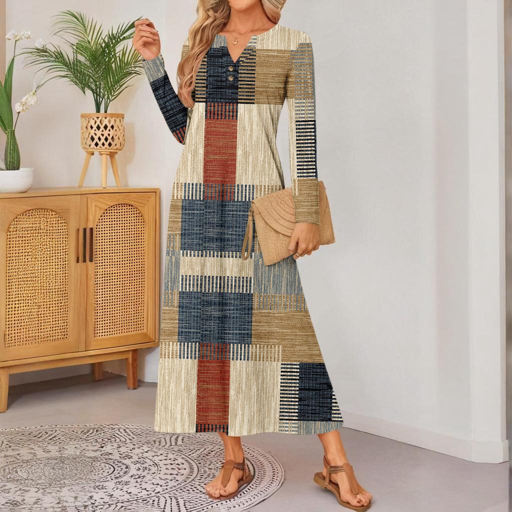 Rochie confortabilă largă cu mânecă lungă, cu imprimeu retro pentru femei, rochie elegantă