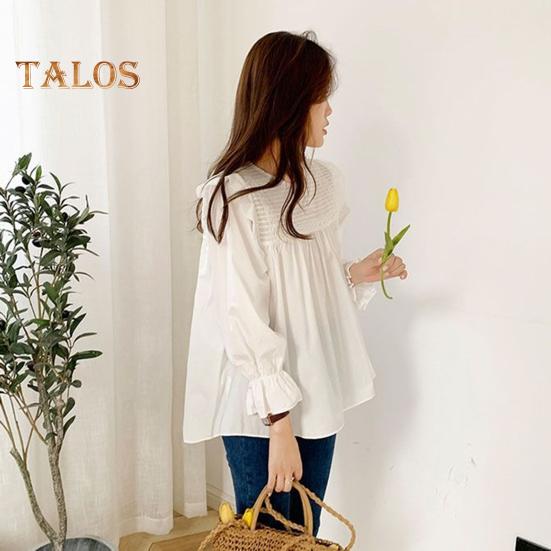 Women Shirt Round Neck Lantern Long Sleeve Pullover Tops Solid Color Loose Fit Ruffle Trim Pleated Blouse Daily Wear