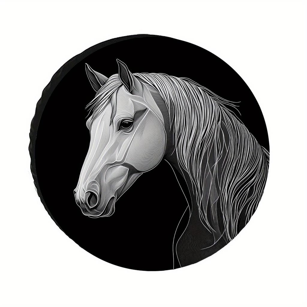 1pc UV-Resistant Car Tire Cover Protector With Artistic White Horse Design - Durable Polyester Fabric For Camping, RV, Trailer &