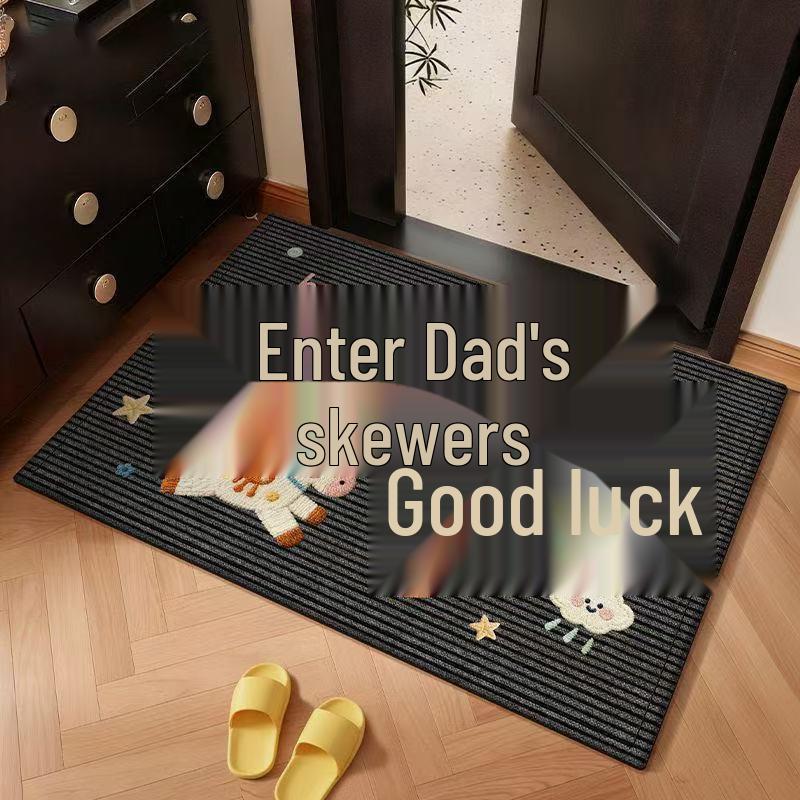 New Year Red Cartoon Festive Crystal Velvet Non-slip Entrance Floor Mat - Quick Drying, Wear-resistant, Water-absorbing Foot Pad.