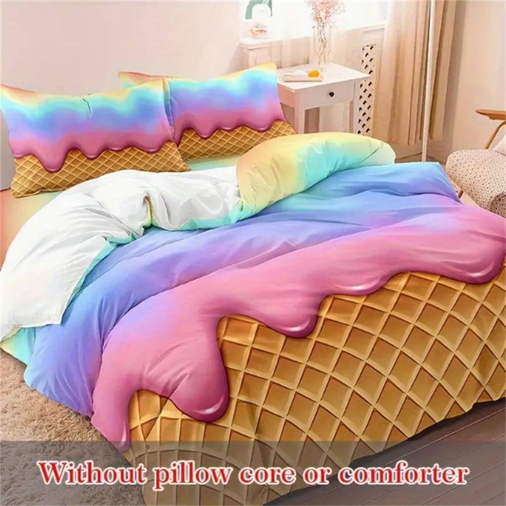3pcs Vibrant Rainbow Ice Cream Wafer Cone Duvet Cover Set - Soft, Breathable, and Comfortable Bedding for Bedroom, Dormitory