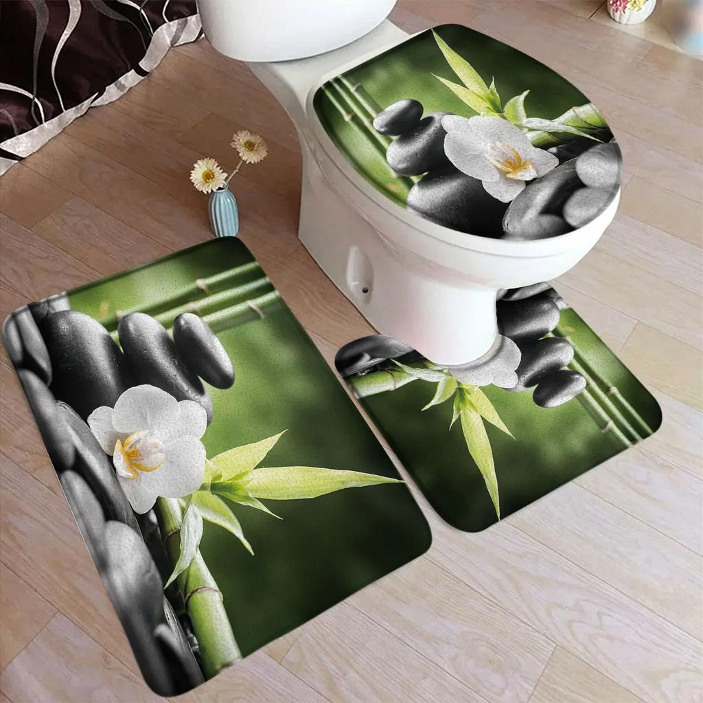 Zen Green Bamboo Bath Mat Set Natural Orchid Flower Black Stone Plant Home Carpet Bathroom Decorative Floor Rug Toilet Lid Cover