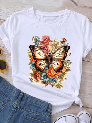 (Asian Size) Casual O-neck Tee Butterfly Lovely Floral Clothing Top Short Sleeve T Shirt Fashion Print Lady Female Women Graphic T-shirts