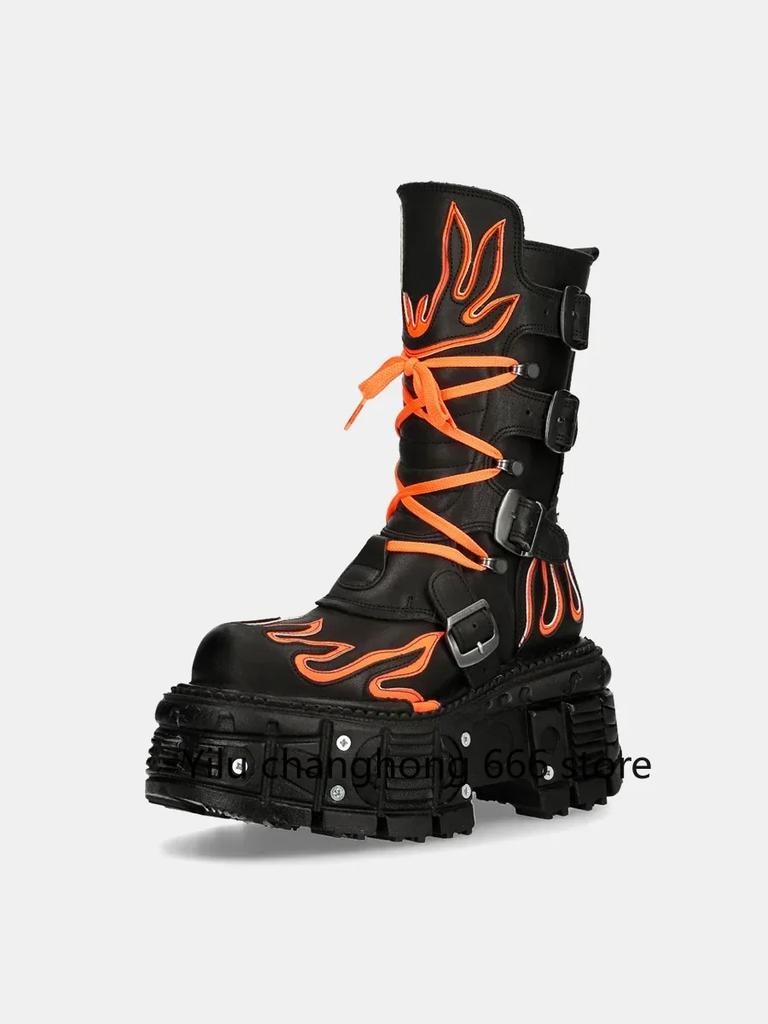 Women Punk Retro Fashion Boots Round Toe Thick Sole Lace Up Flats Boots 2025 Metal Decoration Leather Mid Calf Boots Hot Sale