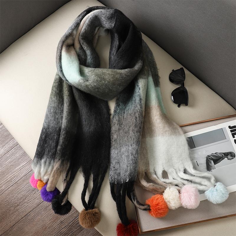 Luxuriöser Karoschal Winter Warm Kaschmir Damen Pompon Pashmina Foulard Damen Schals Damen Quasten Schal Stola Wickeltuch Design Neu