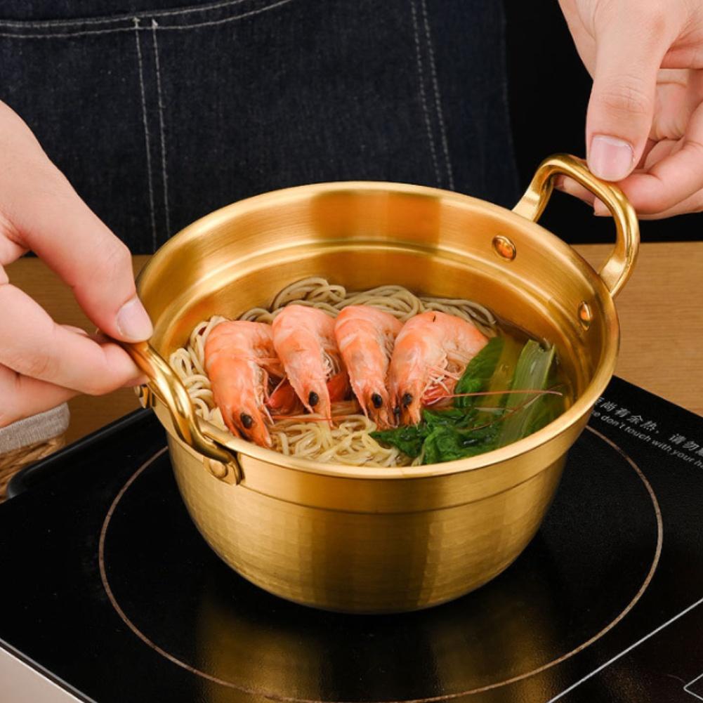 Double Ear Noodle Pot Crafted from 304 Stainless Steel with Wooden Handle for Ramen Soup and Hot Pot Applications