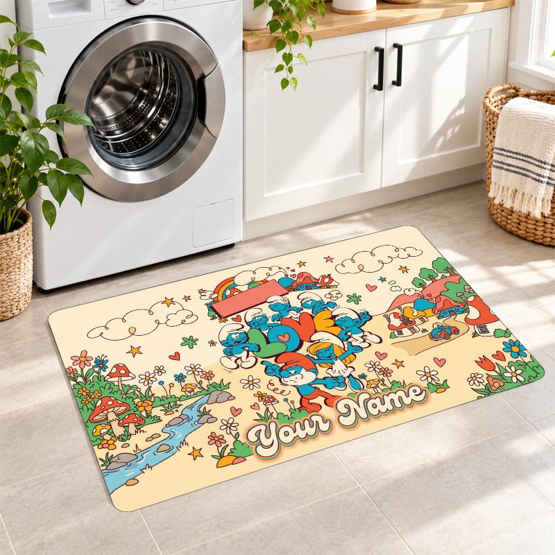 Smurfs Custom Text Flannel Floor Rug Soft Kitchen Mat Personalized Non Slip Carpet