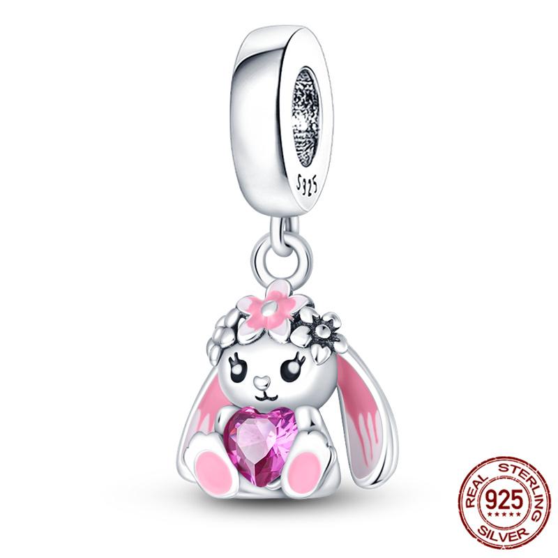 Fit Charms Fororiginal Bracelets Animal Series Flower Rabbit Holding Heart 100%Copper Jewelry Making For Women Gift