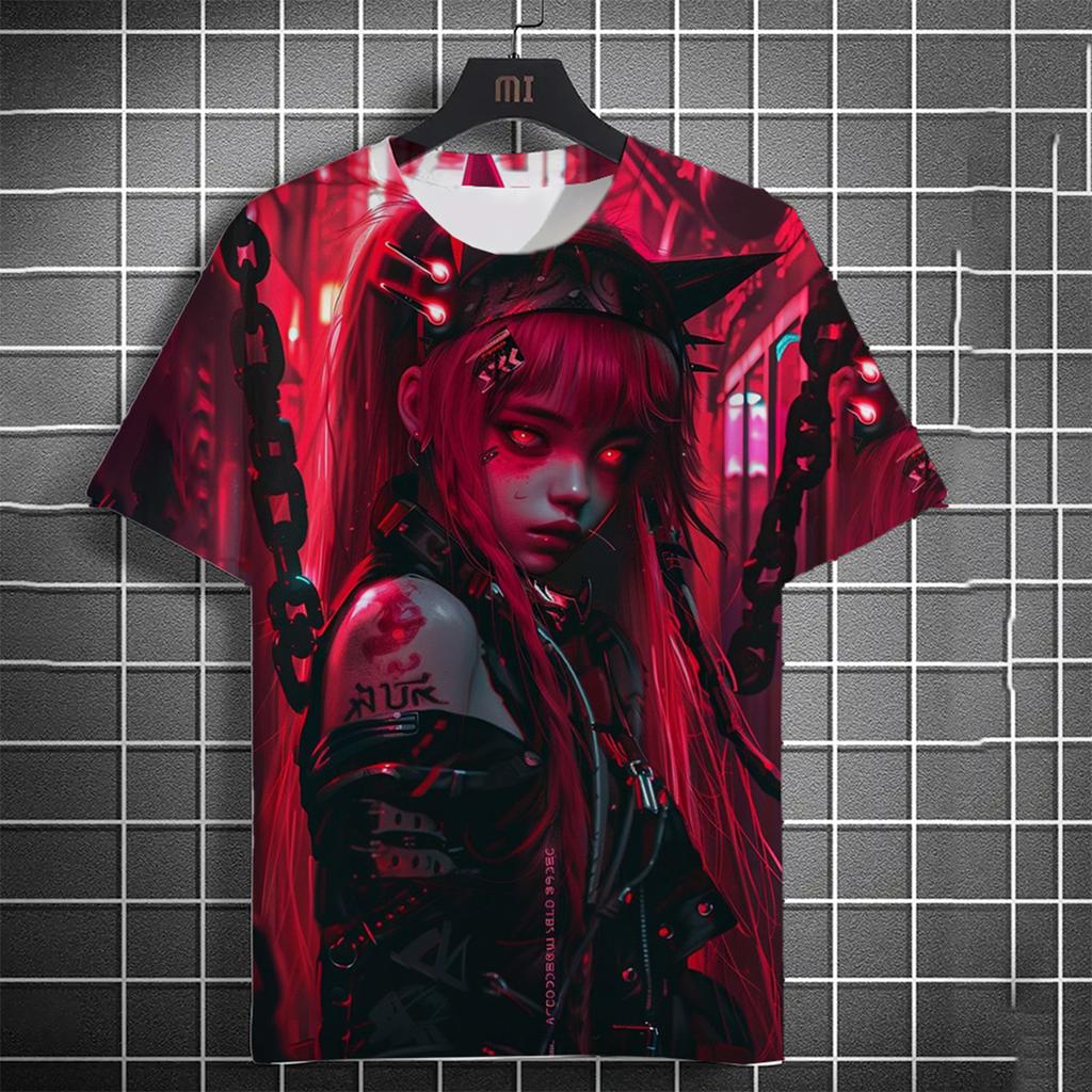 Men's 3D Beautiful Girl Bloodstained T-shirt 3D Cool Pattern Summer Fashion Round Neck Loose Breathable Short Sleeve Top