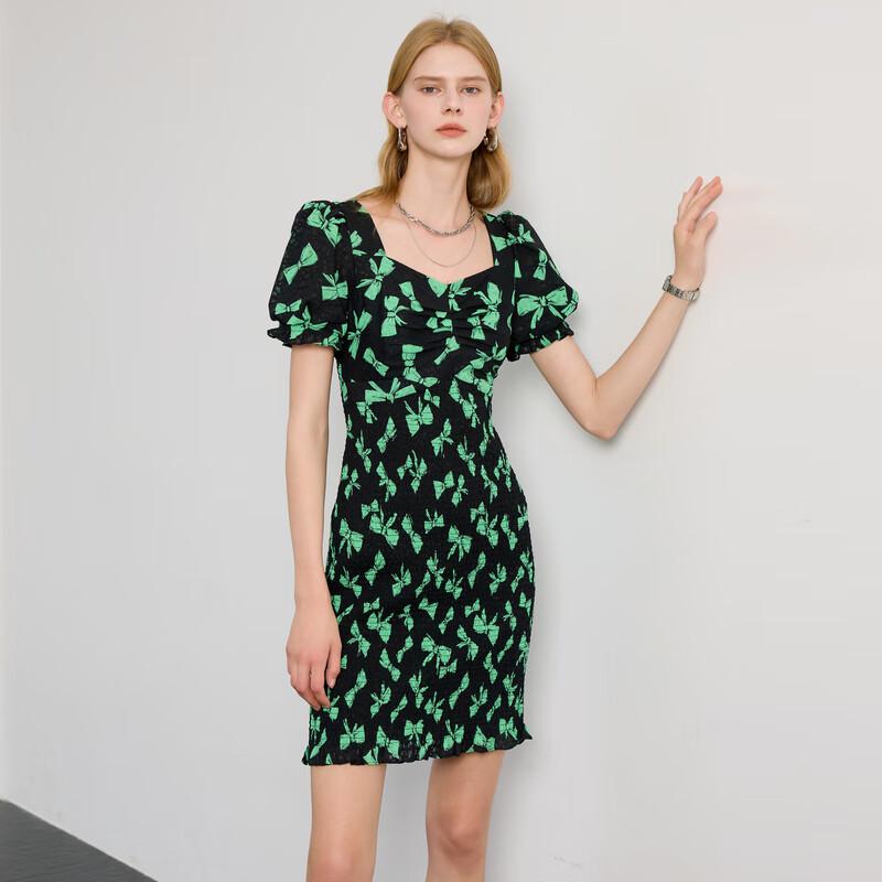 

Sancai 2025 Summer Bow Print Chiffon Puff Sleeve Short Dress XL