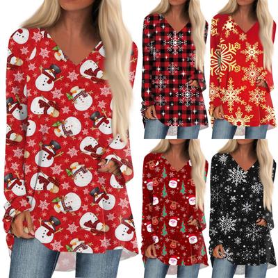 Women's  Winter Long Sleeved V-neck Christmas Print Casual Long Loose T-shirt Top