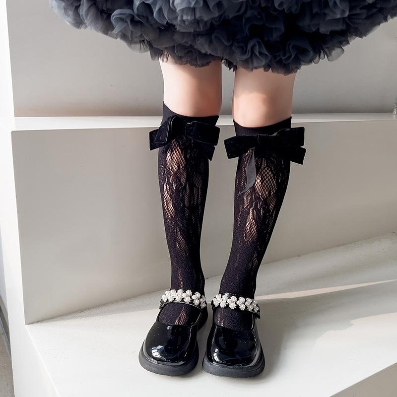 Children's Socks Summer Lolita Wooden Ear Mesh Ribbon Large Bow Mid-tube Socks for Girls