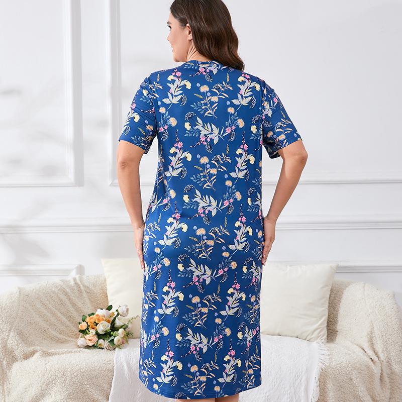 Fashion Floral Print Nightgown Sleepshirts Women Nightdress Shorts Sleeve Plus Size Nightgowns Sweet Casual Sleepwear Sleepdress