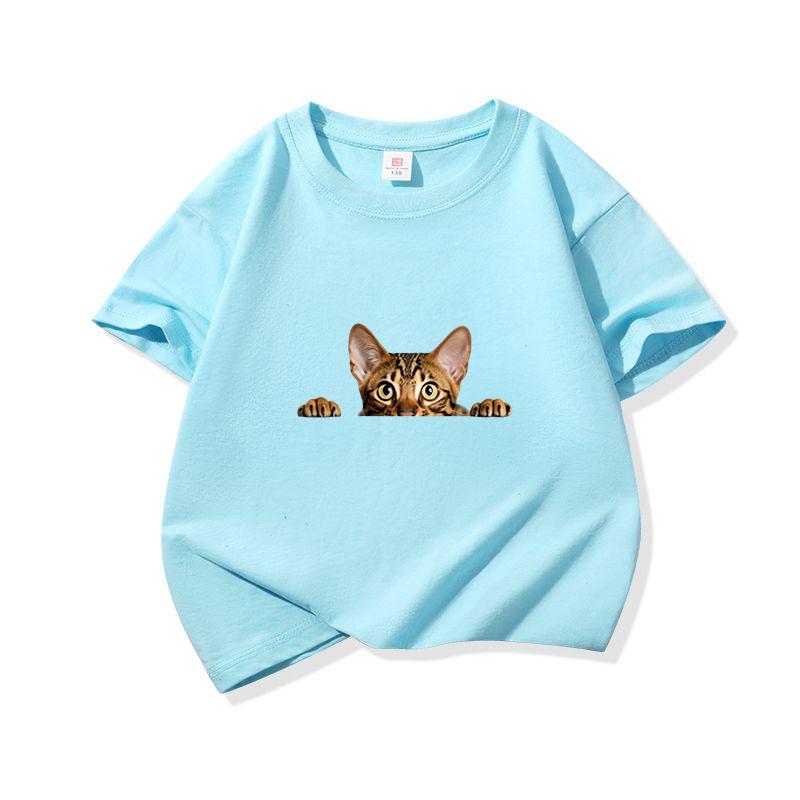 Kids Cotton T Shirt Peeking Bengal Cat Print Crew Neck Short Sleeve Tee Casual Breathable Boys Girls Summer Tops