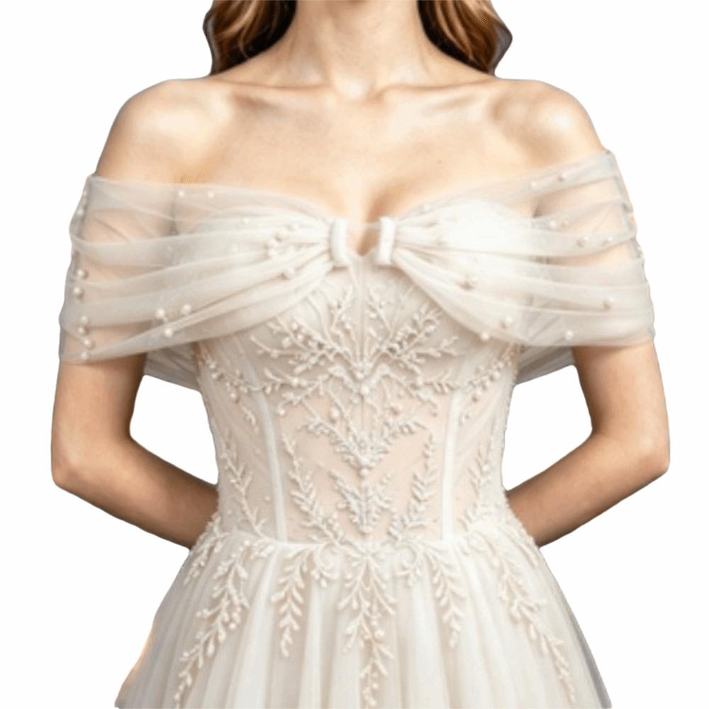 Solid Color Off Shoulder Sleeves With Pearls Detachable Shoulder Straps  Party