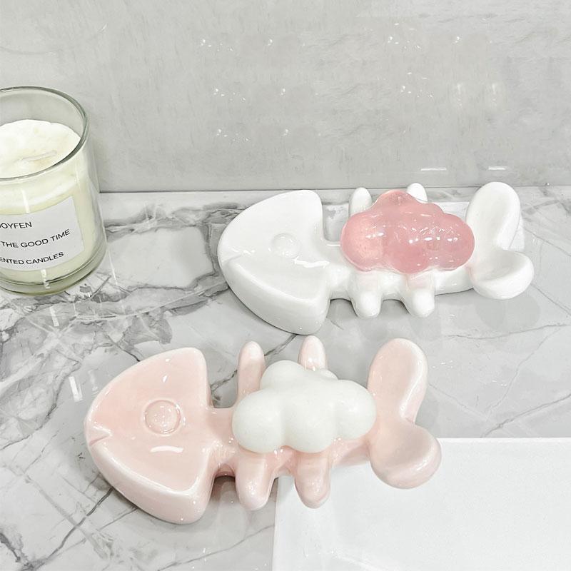 Cute fishbone bathroom soap box ceramic drain washing sink non perforated laundry box soap holder bathroom accessories