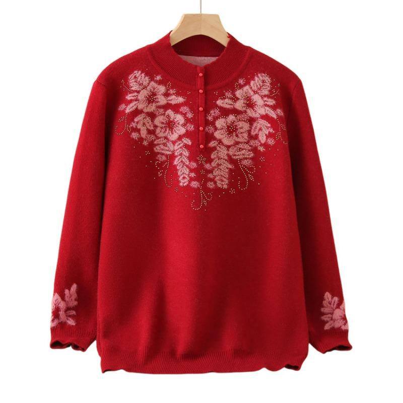 Middle-aged and old fleece mother sweater thickened women's knitted sweater integrated fleece warm backing top mother-in-law clothes