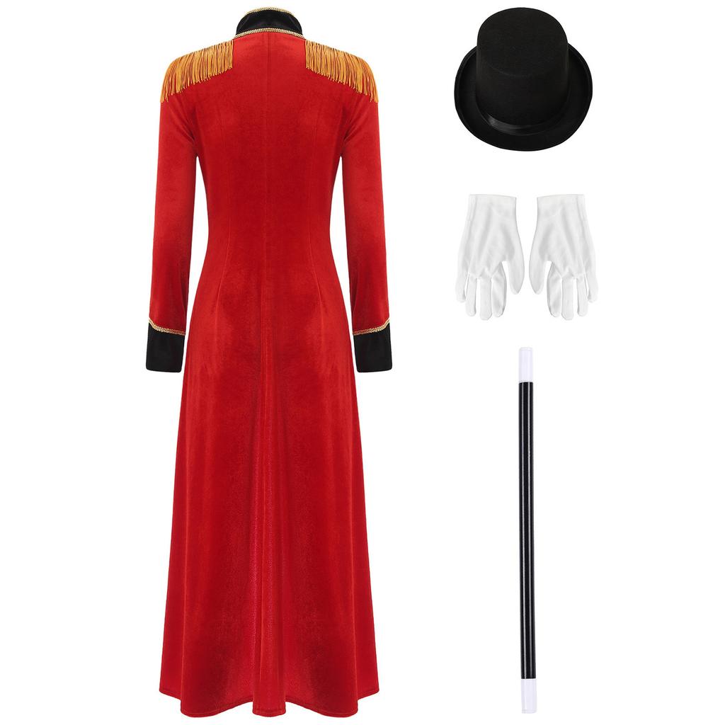 Costume da Domatore di Circo da Donna con Spallina a Frange Giacca Lunga di Velluto con Code e Cappello Bacchetta Guanti per Halloween Spettacolo di Magia