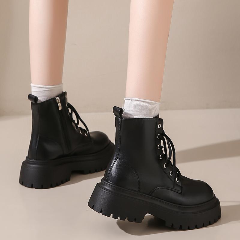 Mode Schwarze PU-Leder Plateau-Stiefeletten Damenmode Rutschfeste Plateau-Kampfstiefel Frau Dicke Sohle Reißverschluss Schnürung Botas Mujer