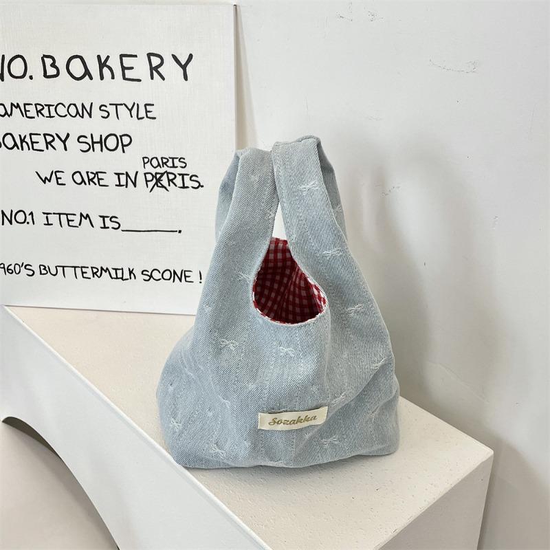 Cute New Denim Hand Bag Portable Storage Go Out Wrist Bag Contrasting Color Red Grid Portable Small Bag