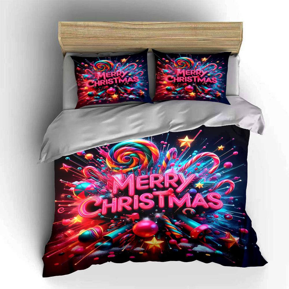 Colorful Merry Christmas Design Bedding Duvet Cover Set Duvet Cover Pillowcases (1*Duvet Cover 2*Pillowcases, Without Duvet Insert)