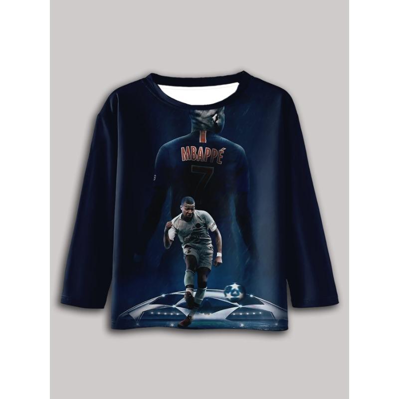 Spring and Autumn Round Neck 3D Football Star Kylian Mbappé Pattern Printed Top Fashionable Casual Long Sleeved Children's Boy T-shirts