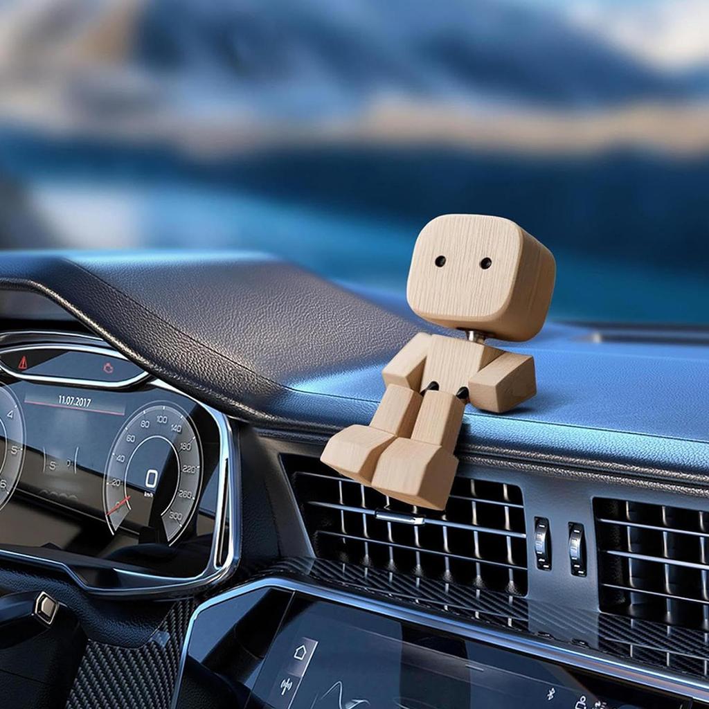 Wooden Shaking Man Car Dashboard Decoration Handmade Car Decor Action Figure Car Ornaments Sculpture for SUV Truck Sedan RV