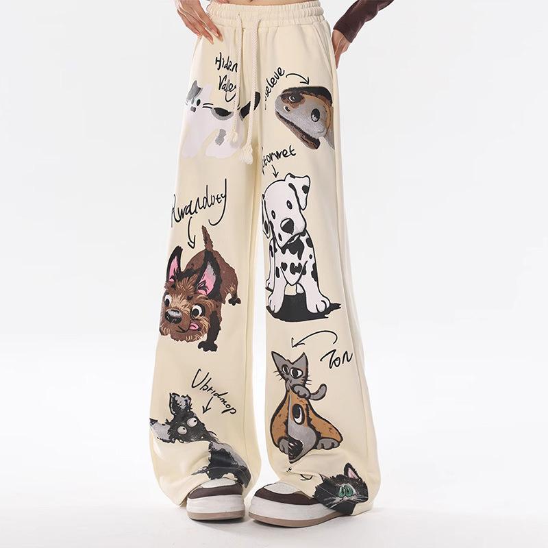 Casual Chic Design Pattern Baggy Straight Pants Women High Waist Lace Up Pantalones Korean Fashion Spring Fall Loose Spodnie