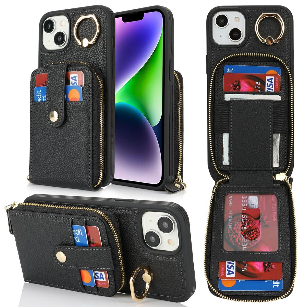 For iPhone 15 Plus/14 Plus Case with Zipper Pouch/Ring Kickstand/Strap Litchi Texture PU+TPU Phone Cover