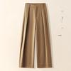 Women's High-Waisted Khaki Wool Blend Straight-Leg Trousers for Spring/Autumn