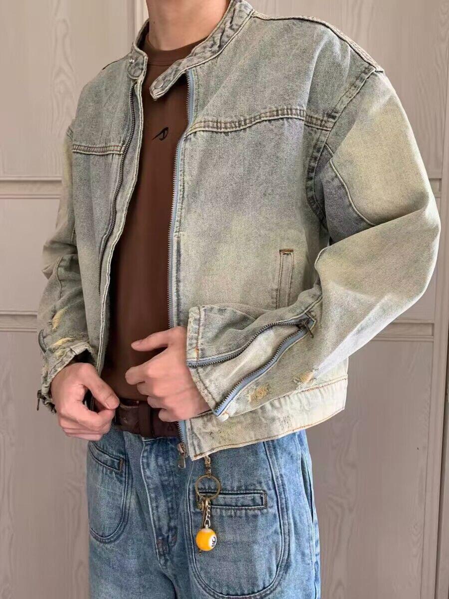 

Мужская джинсовая куртка в стиле ретро со стойкой - Дизайн в японском стиле с эффектом стирки для пар, модная одежда для весны и осени. 3XL