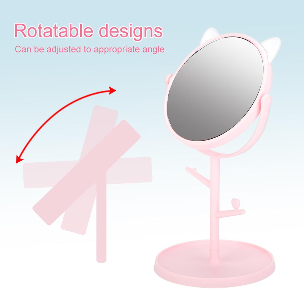 Modischer Süßer Desktop-Schminkspiegel Haushalt Drehbarer Kosmetikspiegel mit Ablage Katzenohr Rosa