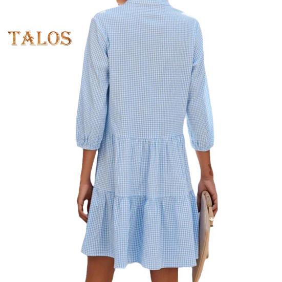 Button Down Shirt Dress for Women Casual Half Sleeve V-neck Stripe Dress Flowy A-line Midi Dress for Summer Beach Vacation