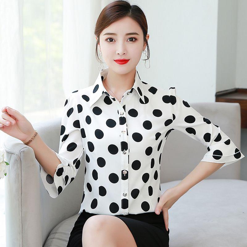 Koreanische Sommer Herbst Neue 3/4 Hülse Druck Hemd frauen Top Drehen Unten Kragen Flare Hülse Chiffon Bluse S-5XL