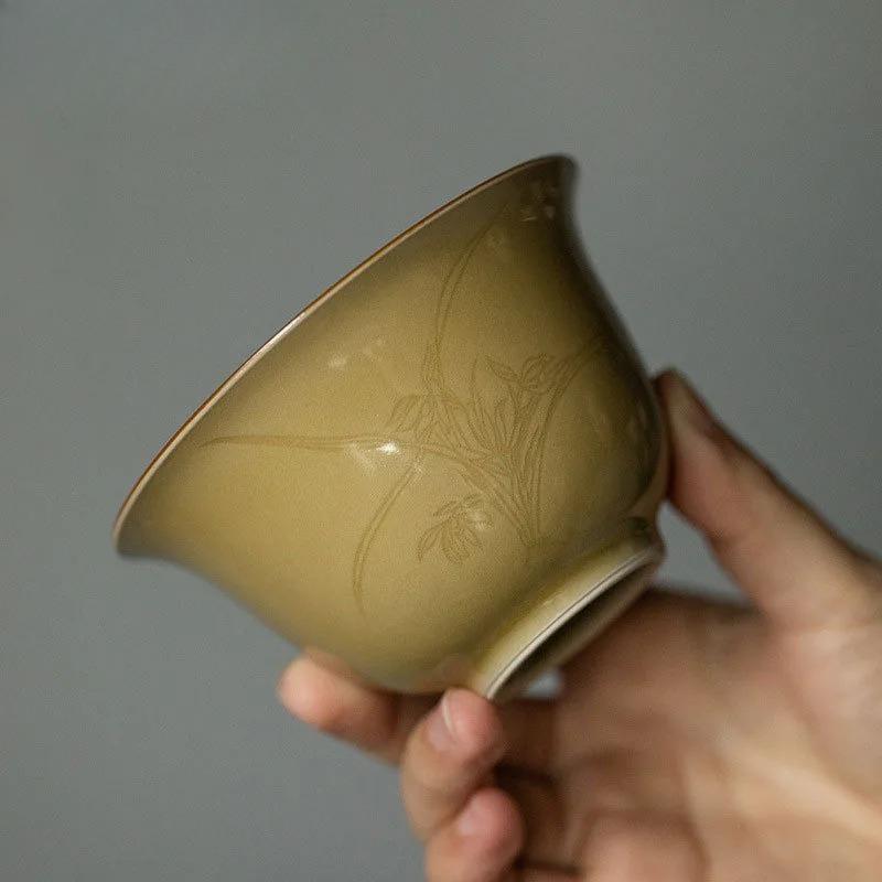 150ml Ding Kiln Yellow Folded Branch Handmade Relief Gaiwan Handmade Tea Tureen Bowl With Lid Kit Maker Cover Bowl Tea