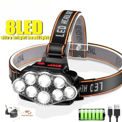 Latarka czołowa z akumulatorem USB, jasna, o dużej jasności, z 8 diodami LED, 4 tryby, wodoodporna, IPX4, latarka czołowa