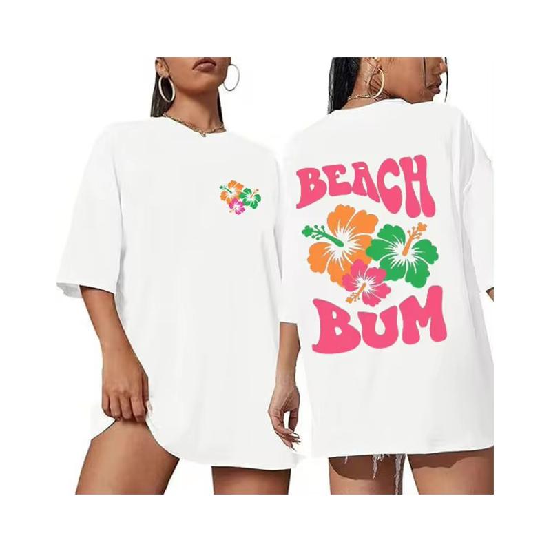 BEACH BUM 2024 Hot Sale Loose Round Neck Casual Short Sleeve Letter Print Half Sleeve T-shirt for Women