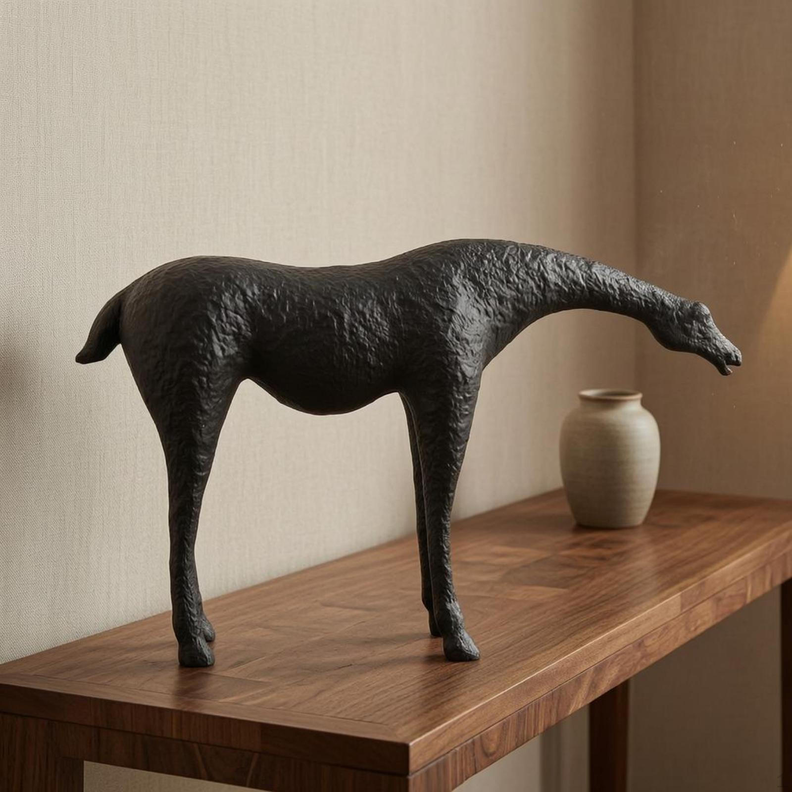 Metal Equine Sculpture Textured Abstract Horse Ornament Hammered Home Decor Black Small