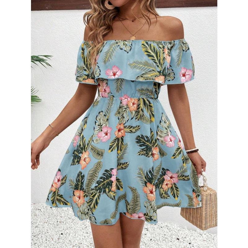 

Элегантное женское модное платье с открытыми плечами и оборками XXL светло-синий