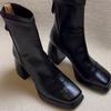 French retro square head high heel short boots women's versatile temperament sense rear zipper thin boots black