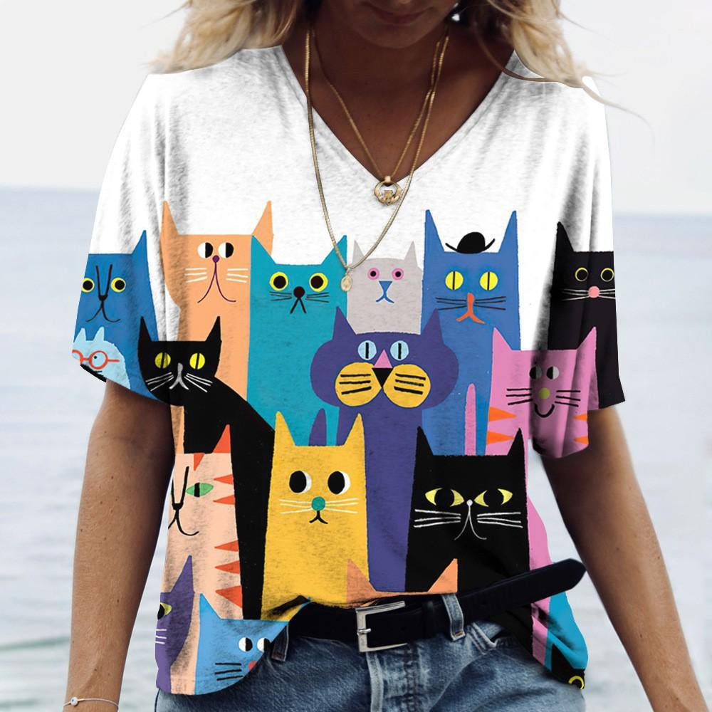 Summer 3D T-shirt Short Sleeved Cat Print Women's V-neck T-shirt