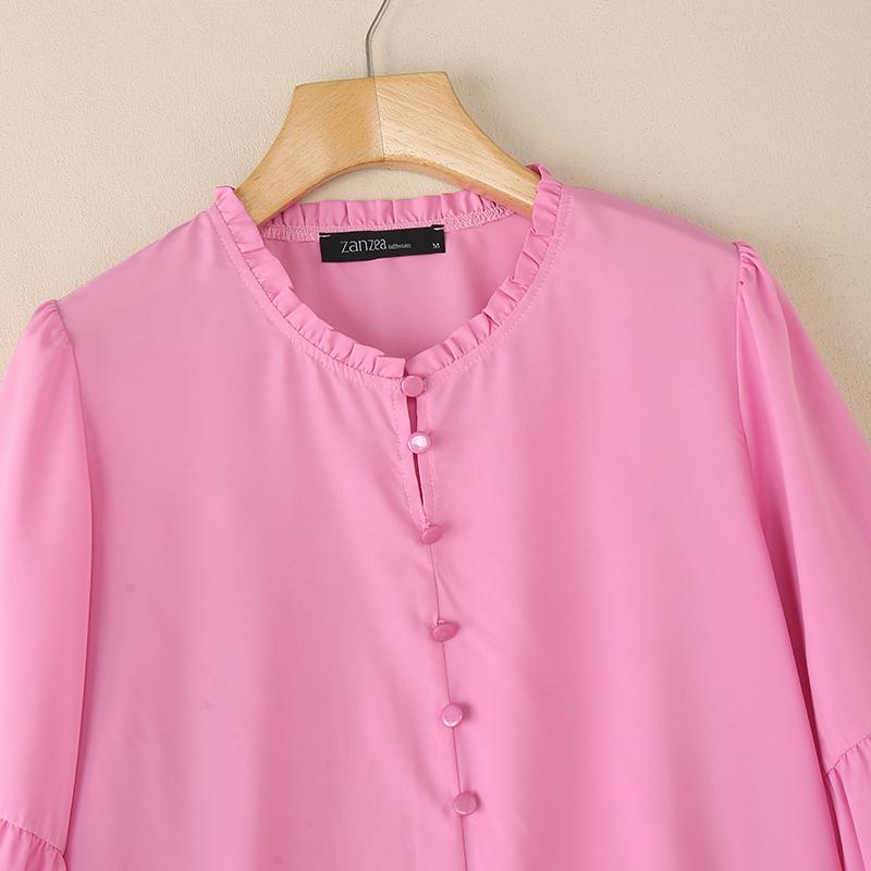 ZANZEA Women Casual Round Neck Solid Color 3/4 Sleeve Loose Blouse