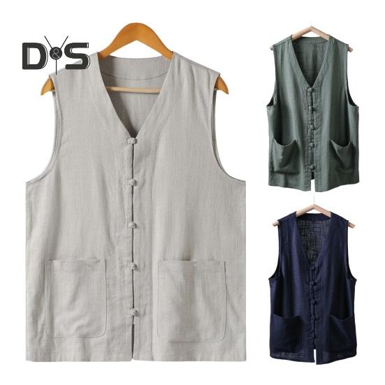 Men Summer Vest Single-breasted Retro Chinese Style Knot Buttons Loose Sleeveless V Neck Patch Pockets Pure Color Casual Top