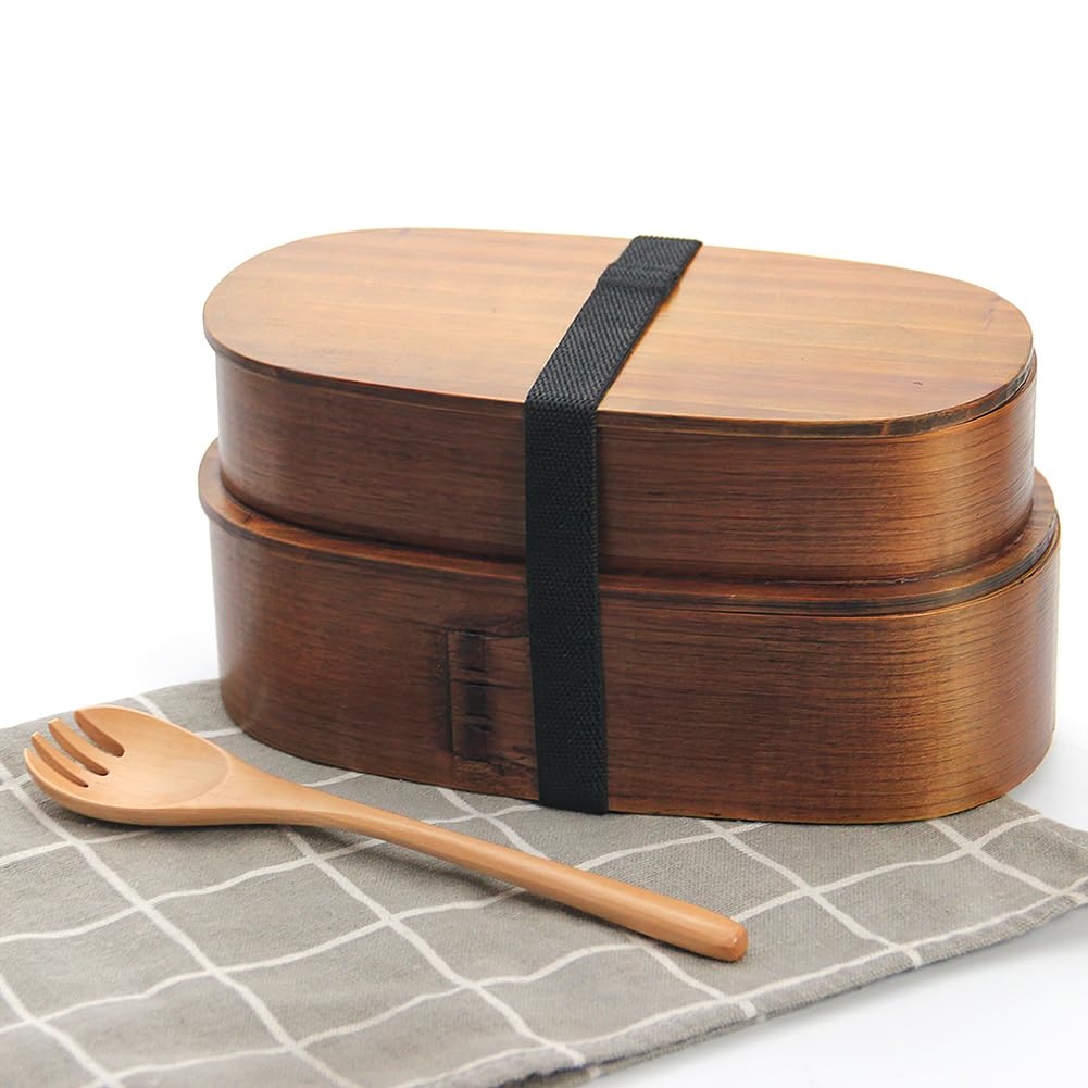 YFWOOD Magewappa Bento Box, 1000ml, with Spork, Convenient Storage, Two-Tiered Nested Bento Box, Made of Natural Cedar Wood with Genuine Lacquer